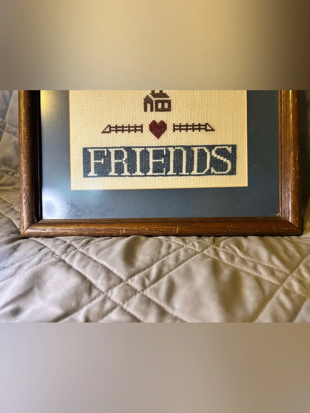 Vintage Framed Finished Cross Stitch Welcome Friends Country Cottage Wall Decor